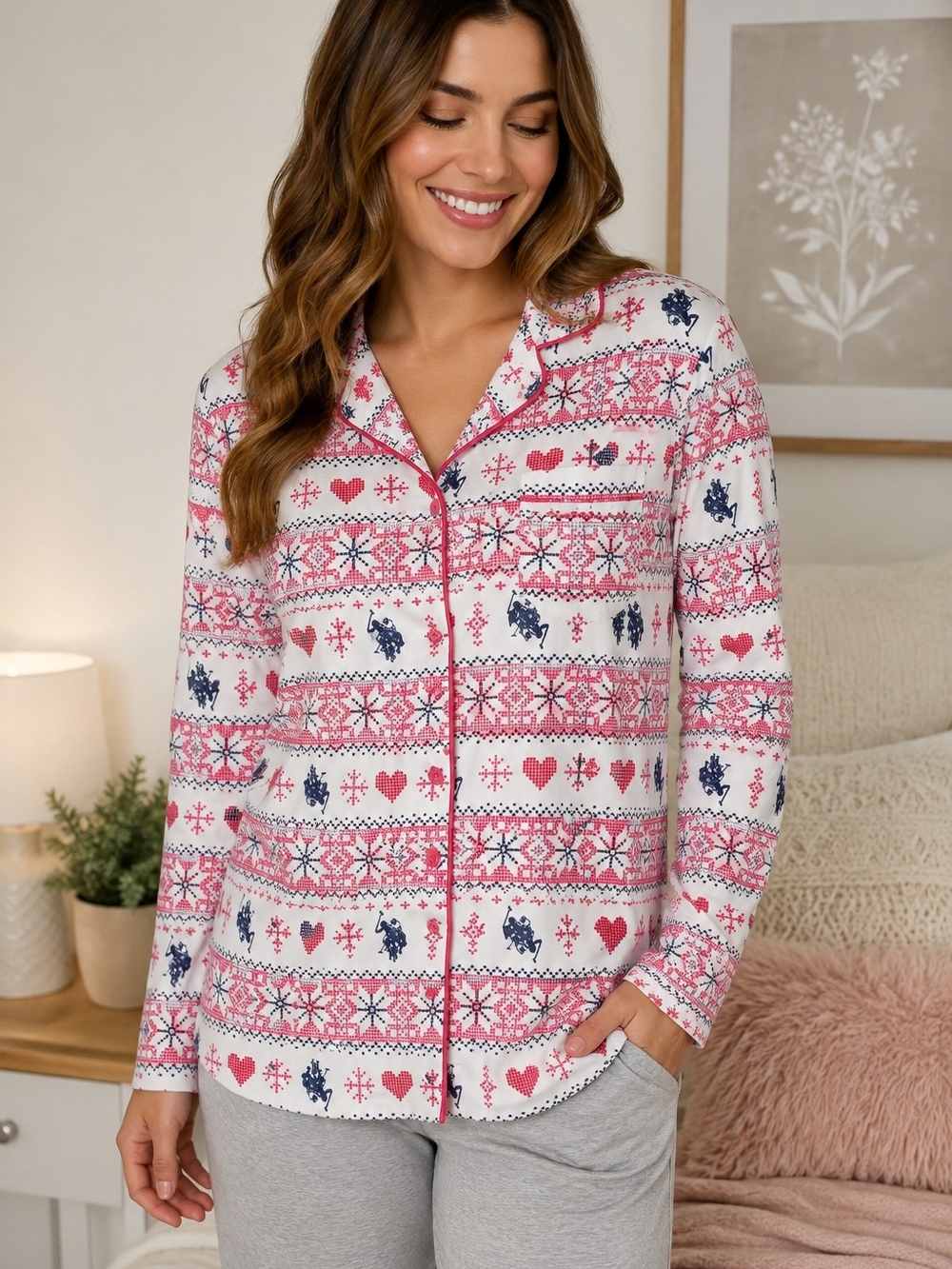 U.S. Polo Assn. Pink, Navy & White Fair Isle Button-Front Pajama Top